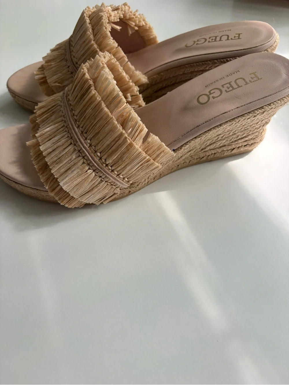 Warehouse Beige Raffia Fringe Wedge Slide Sandals